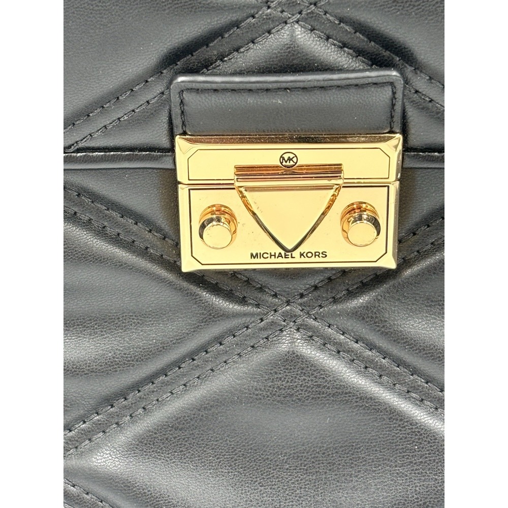 Michael Kors Serena Backpack Quilted Leather Flap Black & Gold mult pockets MED - Picture 2 of 14